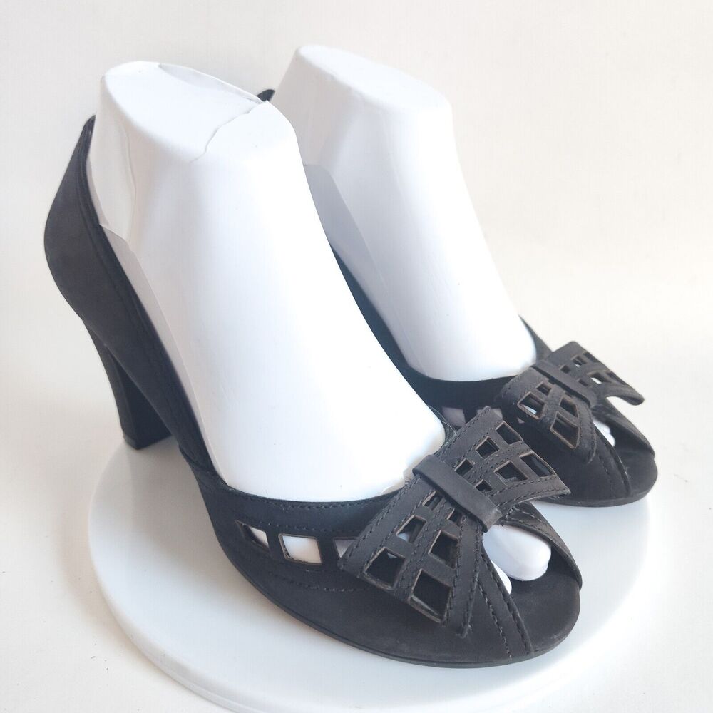 Gianni Bini Black Leather Heels Open Toe 3" Block Heel Pin-up Pumps Bow Size 7.5